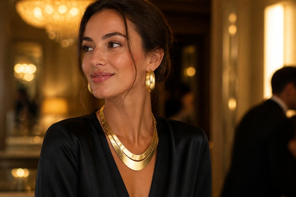 Elegante vrouw in formele kleding met gouden sieraden en statement ketting, perfect voor een feestelijke gelegenheid met zacht lampenlicht in elegante setting