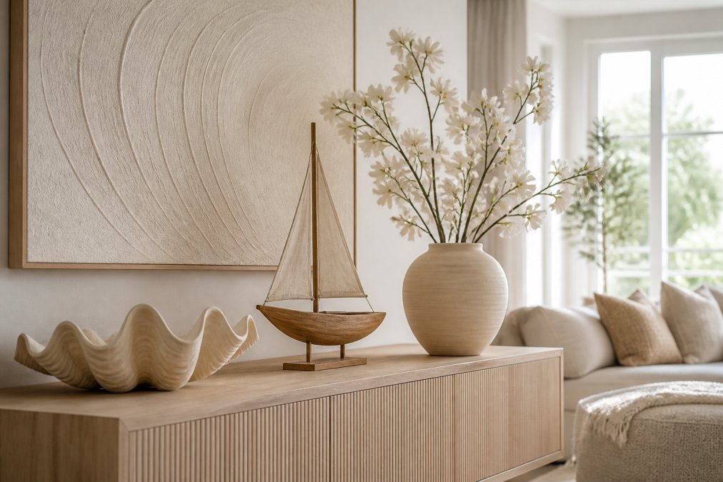 Sfeervol gestyled dressoir in een lichte woonkamer met een grote decoratieve schelp, een houten zeilboot sierobject en een vaas met kunstbloemen, warm natuurlijk licht