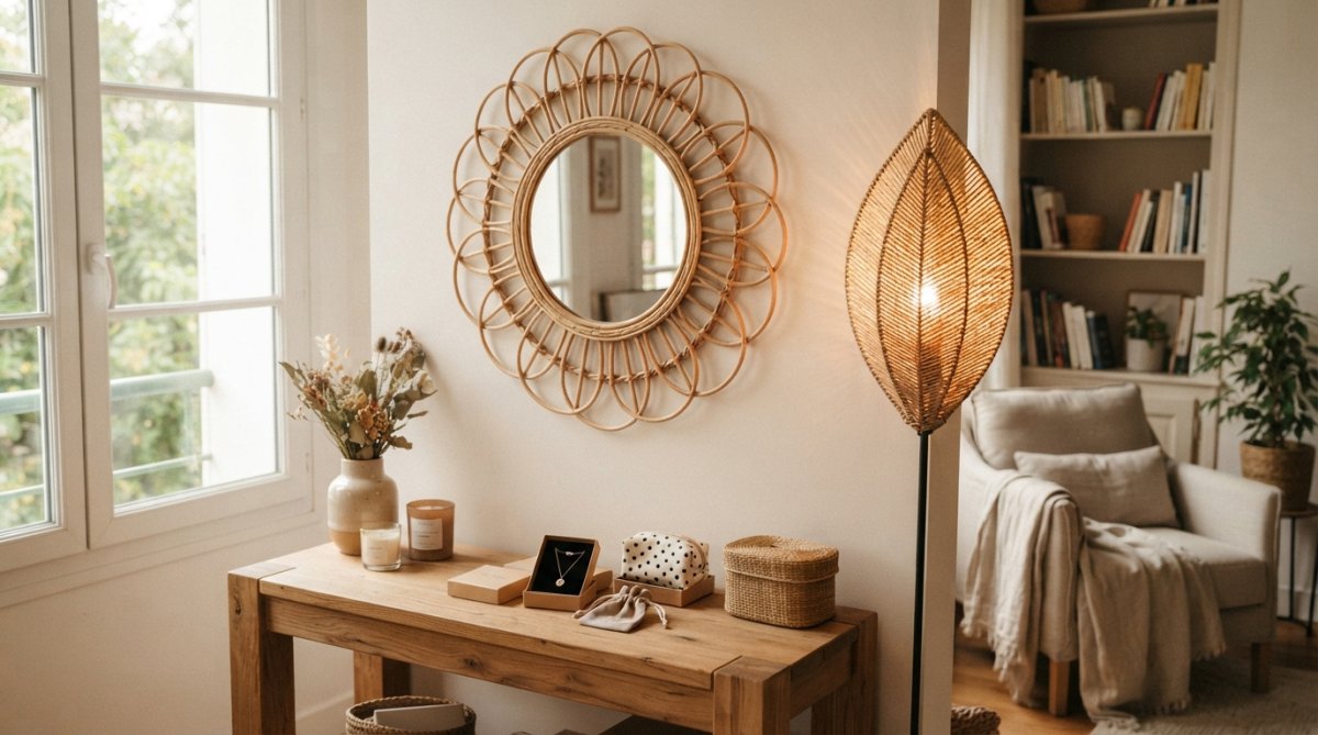Stijlvolle decoratieve items waaronder een ronde spiegel, wandlamp en houten sculpturen artfully arranged op een warm neutraal oppervlak met zachte natuurlijke verlichting