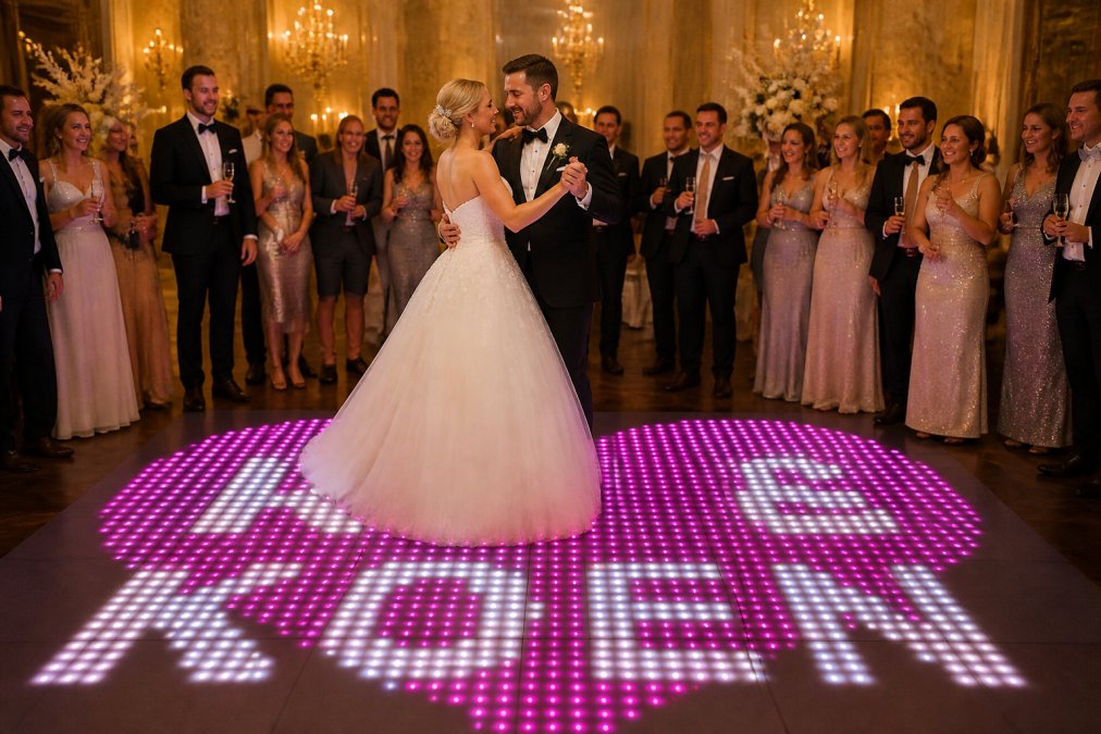 Elegant bruidspaar in klassieke witte jurk en smoking dansend op een warm wit verlichte dansvloer, omringd door gasten in formele kleding met champagneglazen, gouden en ivoren decoratie op de achtergrond