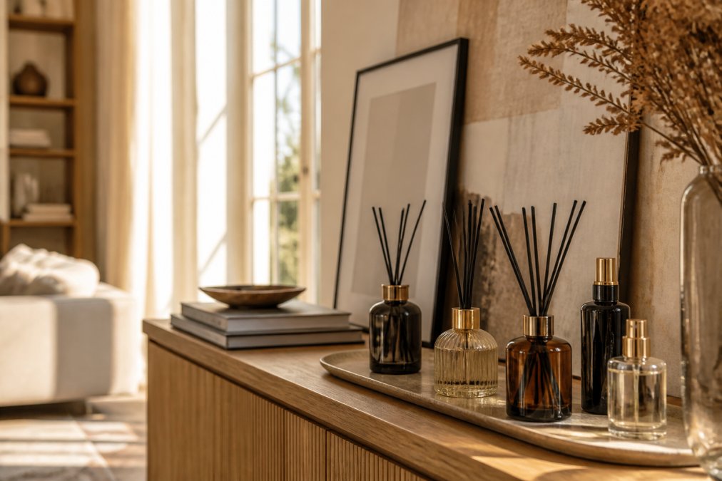 Elegante woonkamer met verschillende stijlvolle geurstokjes en roomsprays op een houten dressoir, zacht natuurlijk zonlicht dat door grote ramen valt, met boeken, kunstwerken en texturen in warme tinten