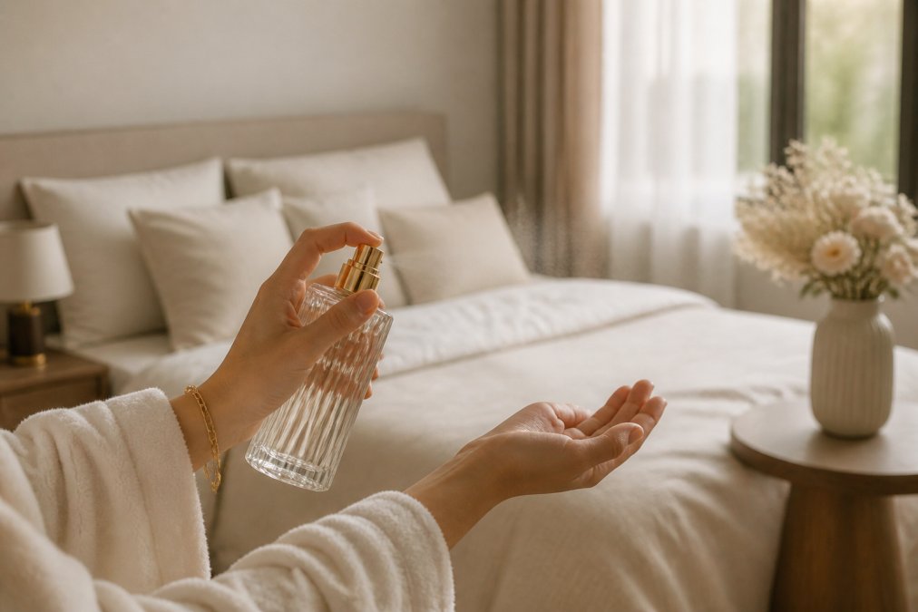 Close-up van handen die een elegante roomspray fles gebruiken in een moderne slaapkamer met zacht natuurlijk licht, zachte texturen in beige en wit, met een gezellige sfeer