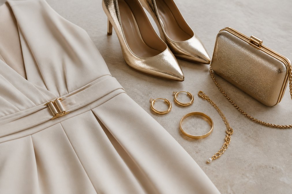 Close-up van gestylde accessoires: gouden sieraden, elegante pumps en kleine handtas naast neutrale achtergrond, perfecte bruiloft styling