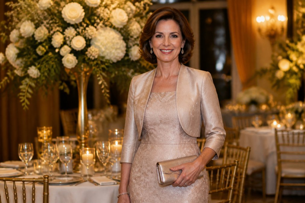 Een elegant geklede vrouw van middelbare leeftijd in een midi-jurk met een verfijnde bolero-jasje in zijdeachtige stof, staande in een feestelijke setting met zachte gouden verlichting en bloemendecoratief in de achtergrond