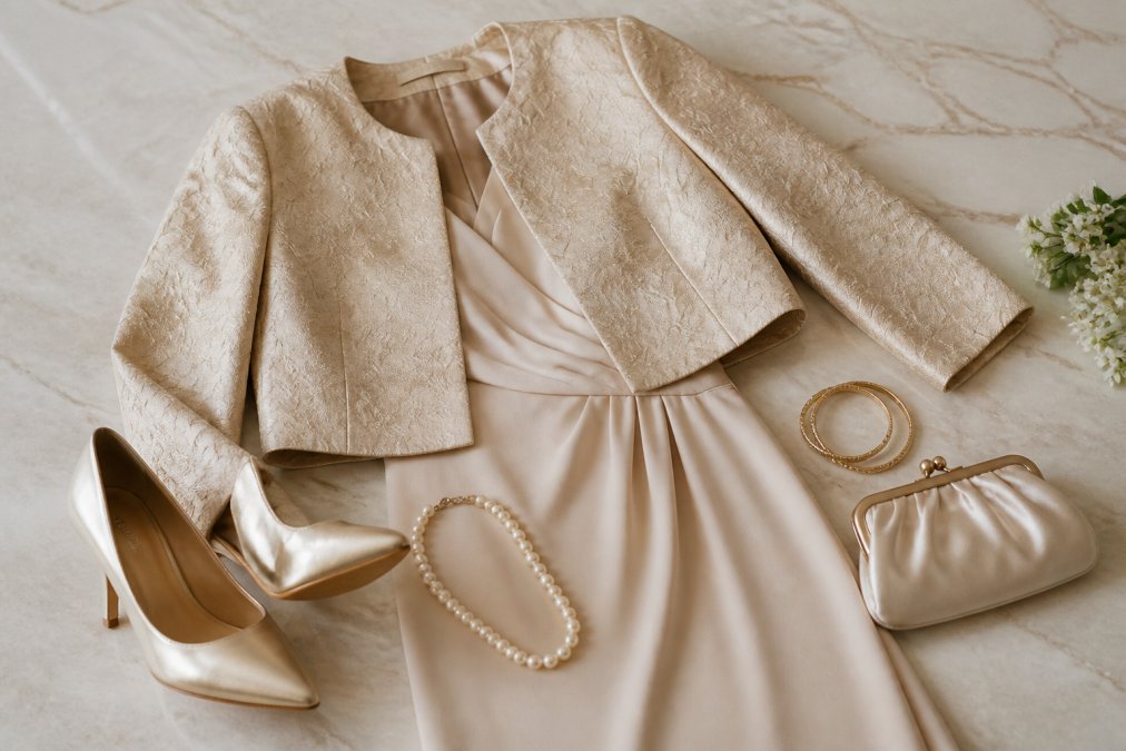 Close-up van een compleet bruiloftsoutfit arrangement: elegante gouden pumps, delicate parelketting, gouden armbanden en een kleine zijden avondtasje naast een midi-jurk met verfijnhet jasje op een lichte marmeren achtergrond