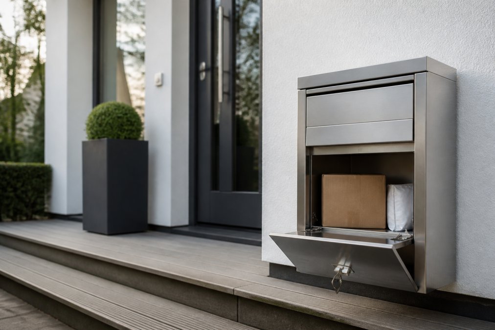 Moderne voorgevel van een woning met een elegant ontworpen pakketbrievenbus in roestvrijstaal, pakketten zichtbaar opgeborgen achter afsluitbare klep, natuurlijk daglicht