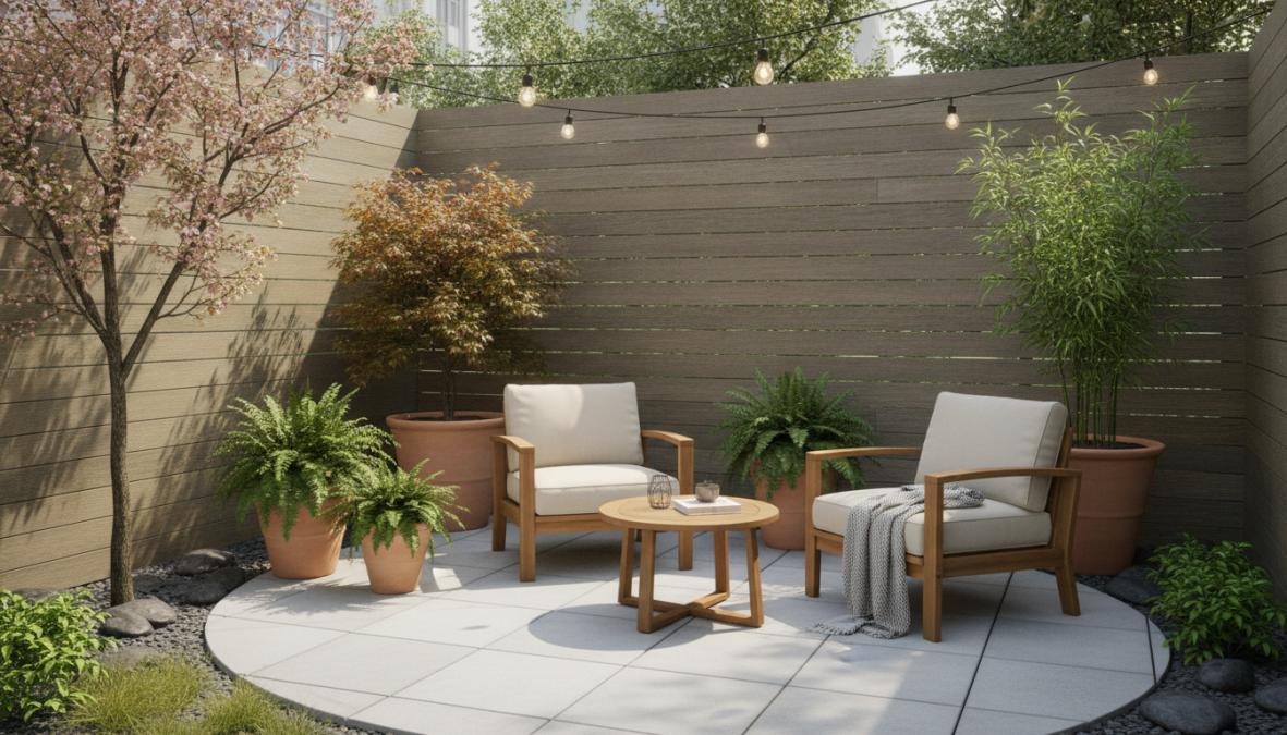 Een compacte moderne stadstuin met strakke horizontale houten lamellen in een warme grijstint als tuinafscheiding, kleurrijke potplanten langs de schutting en een klein terras met tuinmeubelen in de namiddagzon