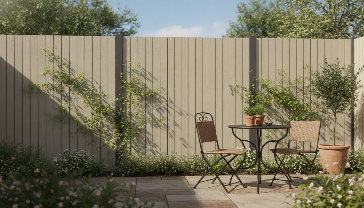 Een compacte achtertuin met een lichtgekleurde composiet tuinafscheiding met verticale lijnen, jonge klimplanten die langs de panelen omhoog groeien, zachte avondverlichting langs de onderkant van de schutting