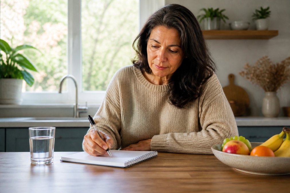 Woman writing a checklist for energy levels and normal thyroid labs in a sunlit kitchen