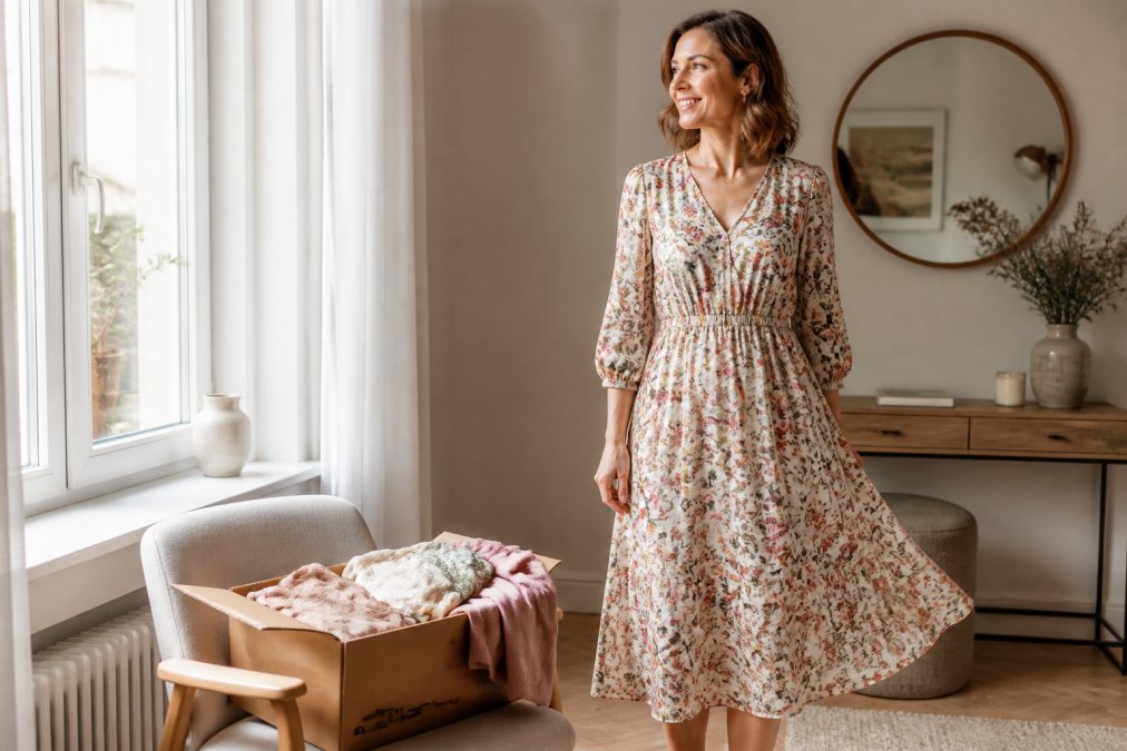 Frau im Blumenkleid neben einem Paket mit Damenmode mit kostenlosem Versand in einem hellen, modernen Raum.