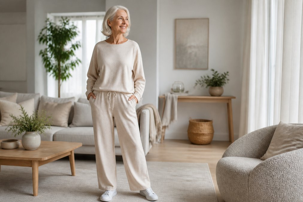 Eine elegante ältere Dame, die in einem hellen, modernen Zuhause ein bequemes, weit geschnittenes Freizeit-Set trägt und lächelt