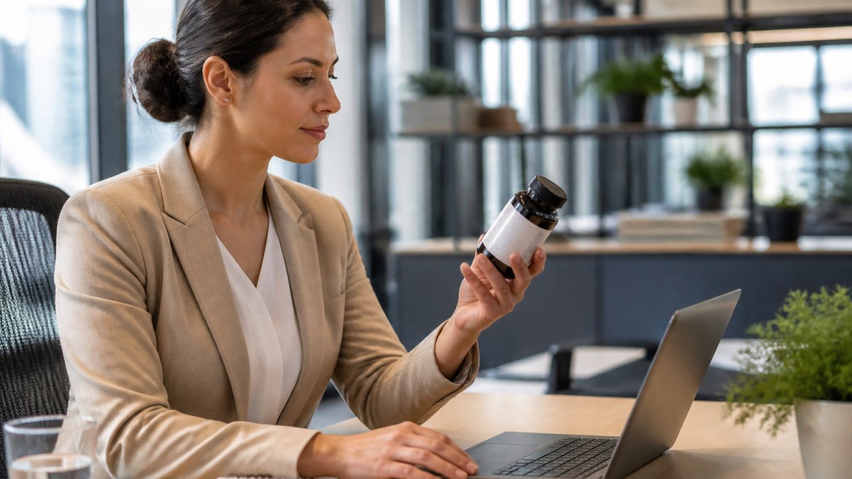 Focused professional holding a supplement bottle at a sunlit desk while working in a modern office.