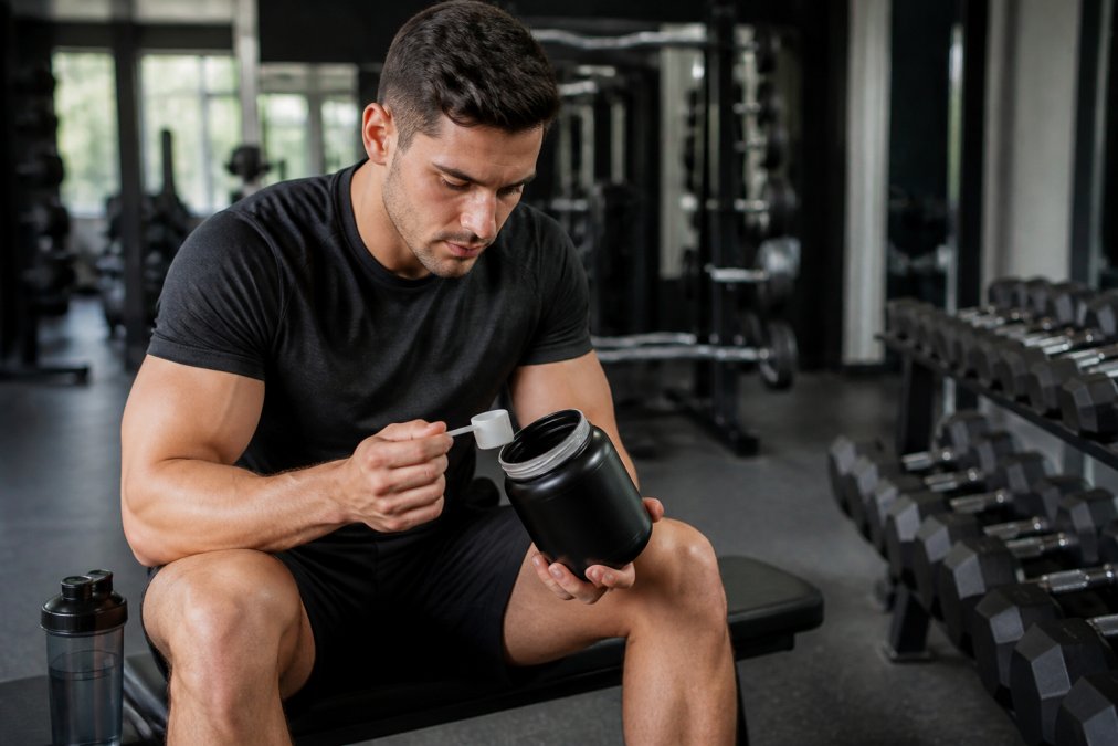 Athlete in gym holding pre-workout supplement container with focused expression before intense training session, natural gym lighting