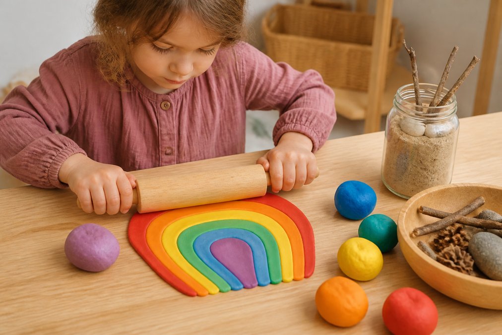 Een kind van 4 jaar zit aan een lichte houten tafel en rolt met een houten roller regenboogpatronen in natuurlijke speelklei, handen zichtbaar, felle kleuren, op de achtergrond een pot zelfgemaakte klei met takjes en steentjes