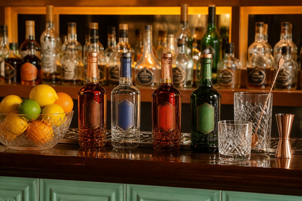 Premium alcohol-free spirit bottles arranged on polished bar shelf with cut crystal glasses, fresh citrus garnishes, and warm amber bar lighting casting shadows