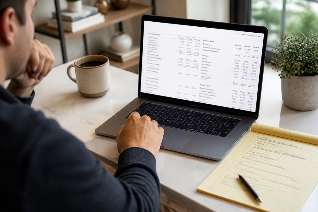 Retail investor reviewing financial statements and valuation metrics on laptop with coffee cup and notepad showing stock analysis notes on clean desk