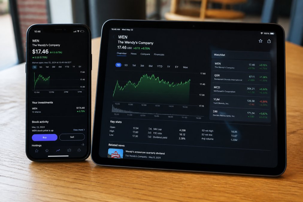 Smartphone and tablet displaying stock research platform dashboards with real-time market data, watchlists, and charting tools side by side