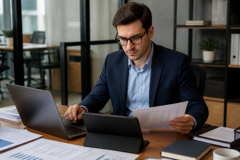 Financial analyst working at modern office desk with laptop, tablet, and printed financial statements, reviewing research materials with focused concentration in professional office setting
