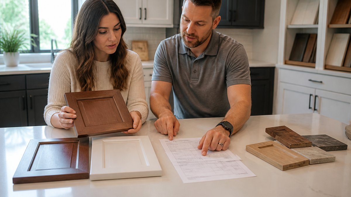 Homeowner and designer reviewing cabinet door samples and price quotes in a bright kitchen showroom