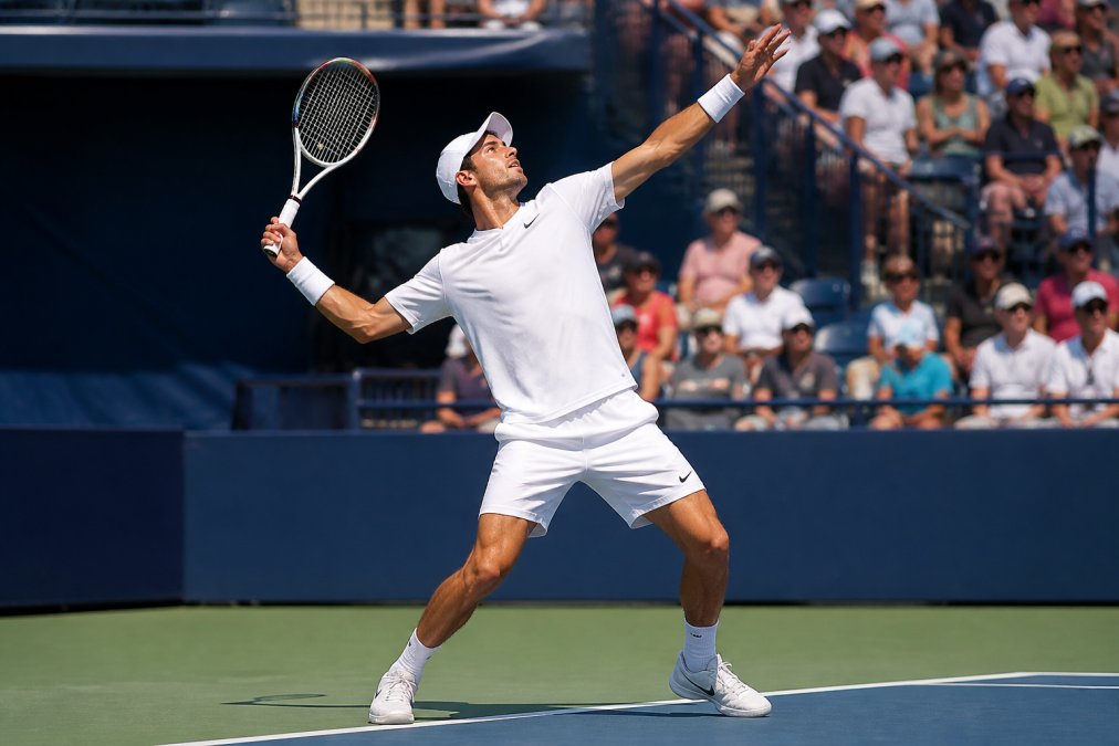 Competitive tennis player in action on outdoor court during match, demonstrating proper footwork and serve follow-through with natural sunlight and blurred crowd background
