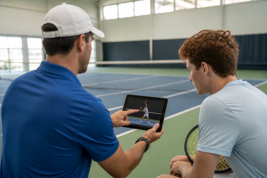 Coach providing personalized instruction to competitive tennis player, analyzing serve motion on tablet screen in modern training facility with bright natural lighting and professional court backdrop