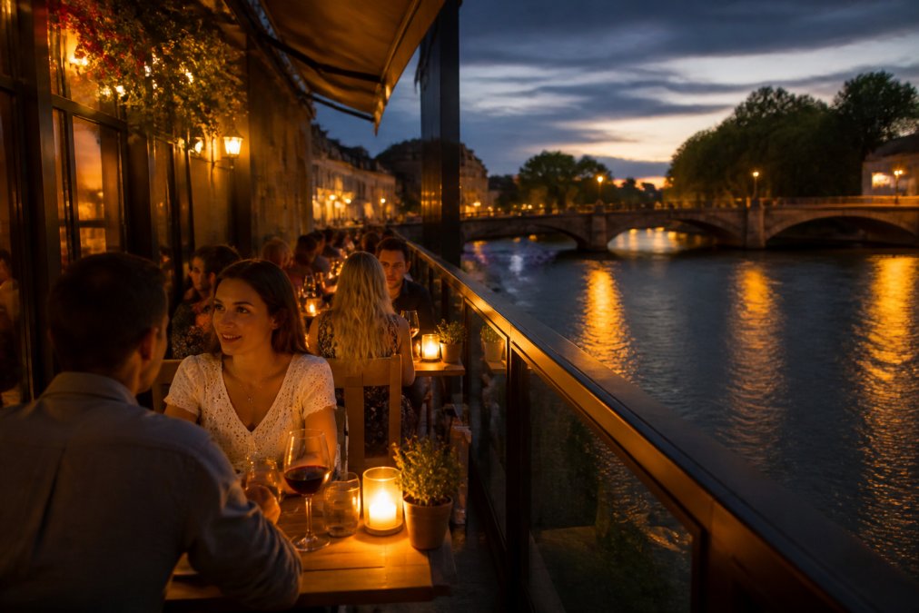 Diners seated at candlelit tables overlooking the York riverside at dusk, warm amber lighting reflecting off the water, glasses of wine and local beer visible, intimate and cosy atmosphere