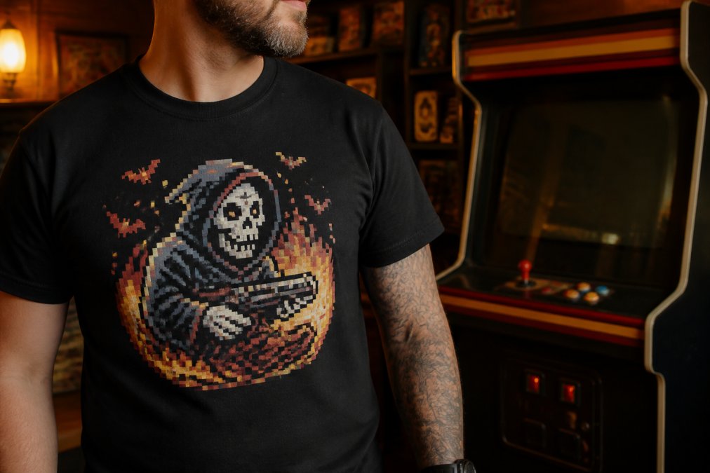 Person wearing a retro pixel art tee in front of a glowing arcade machine for a Stoney T-Shirts vs Pixel Retro style look.