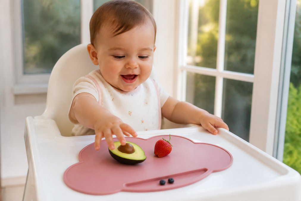 A happy baby in a high chair exploring food with their hands, reaching toward a plate with a curious expression, natural sunlight streaming through a nearby window