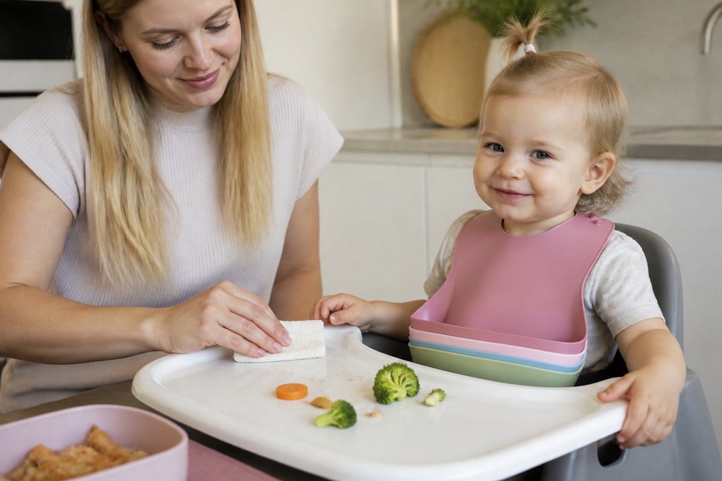 A parent calmly wiping down a high chair tray while a toddler sits contentedly, wearing a silicone bib and sitting on a silicone placemat, the setup clean and organised with natural kitchen lighting