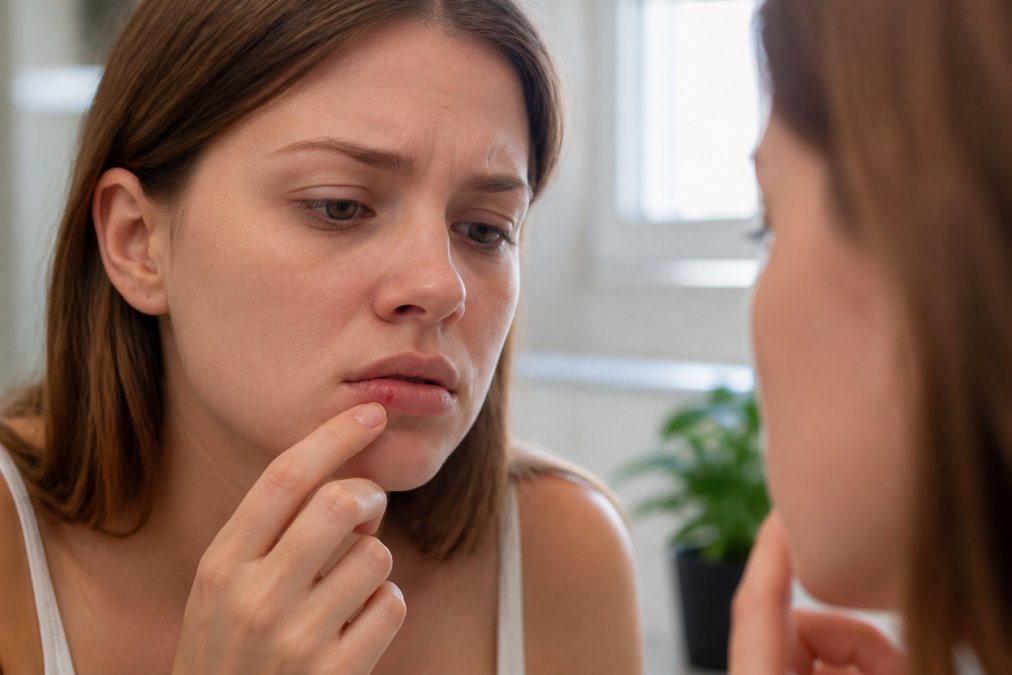 Close-up of a person's lip showing early redness and mild swelling with a concerned expression, examining the affected area in natural morning light