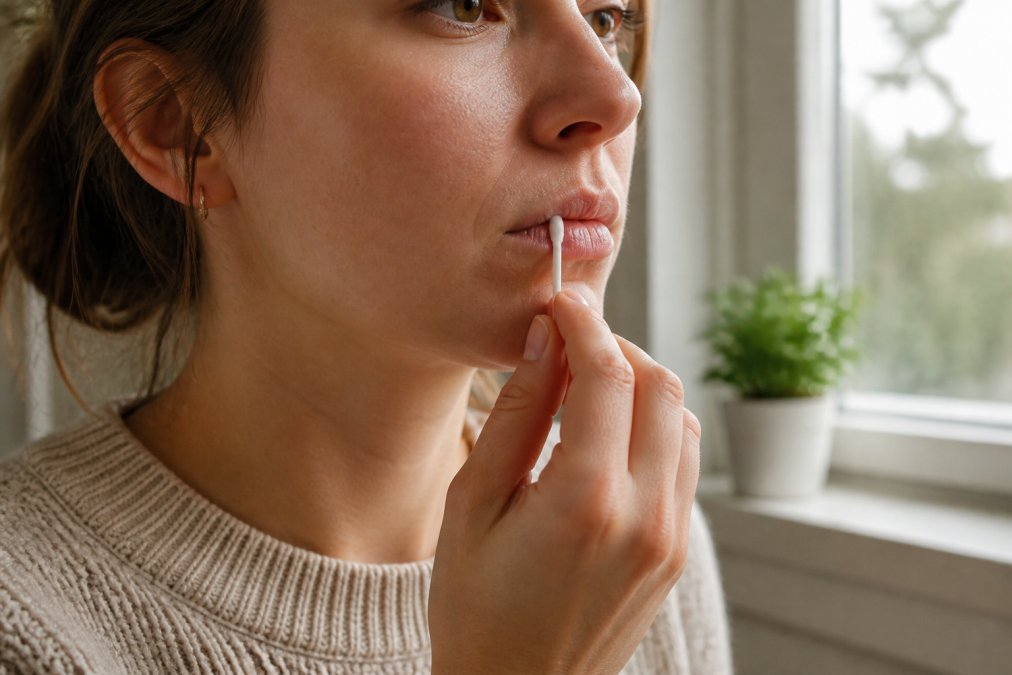 A person's hand applying a topical cold sore treatment to their lip using a small applicator stick in natural window lighting, demonstrating proper application technique