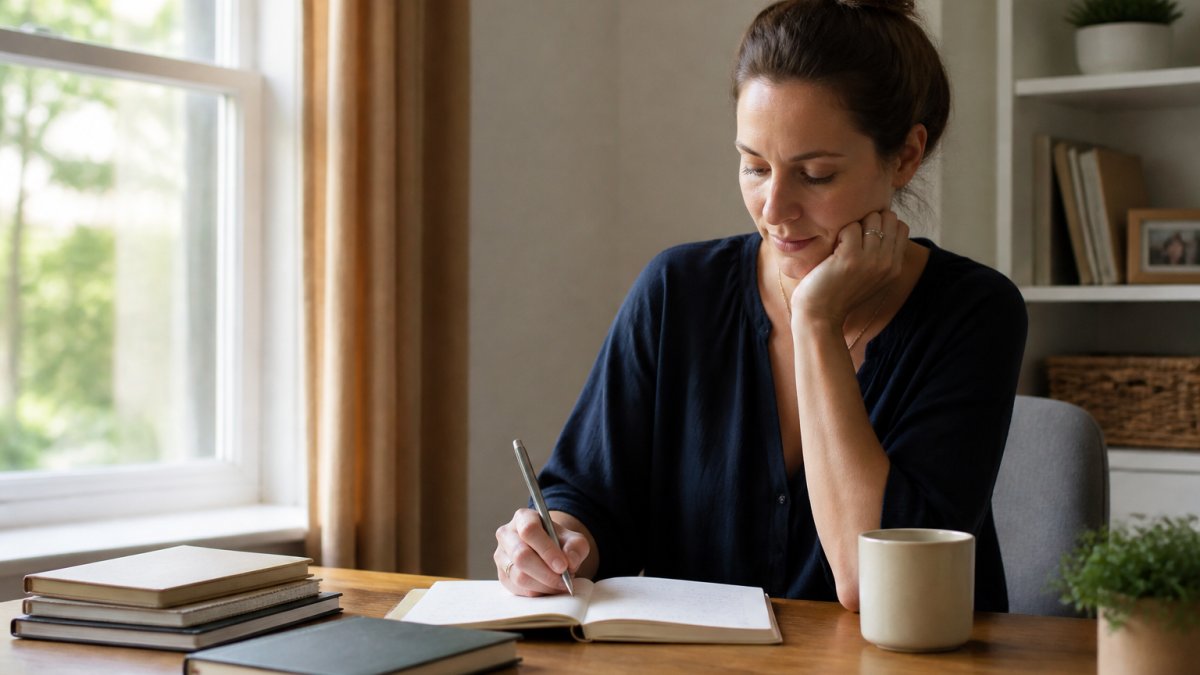 Person sitting at a desk with a journal and pen, taking a mindful moment with a calm expression, natural light from a window nearby