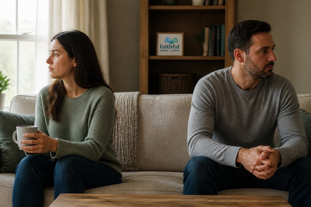 A couple sitting apart on a living room couch, taking a deliberate pause during a tense conversation, one holding a cup of tea, soft natural light through nearby window