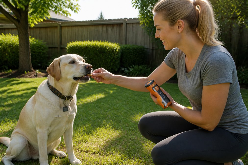 Dog owner rewarding a calm dog with a treat during a positive reinforcement training session in a bright backyard setting, with the dog sitting attentively