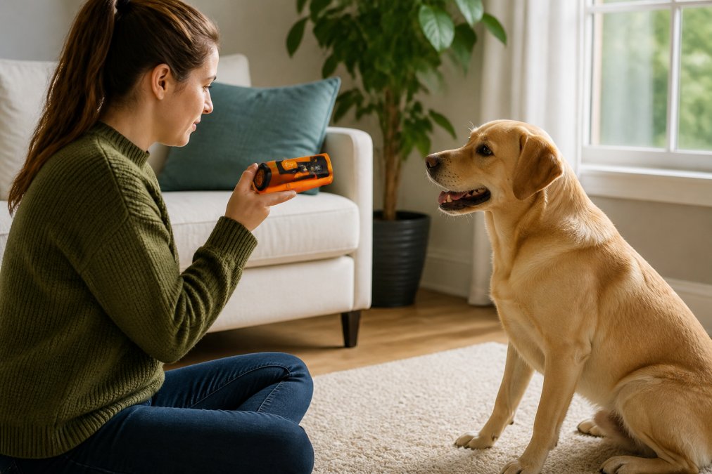 Dog owner holding a clicker training device while a dog sits attentively during a training session in a home environment with natural window lighting