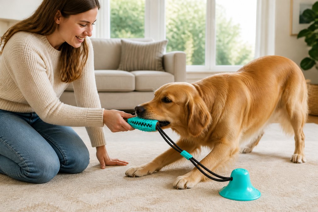 Dog owner holding a toy while a golden retriever gently takes it in its mouth during a training session in a bright living room with natural window light