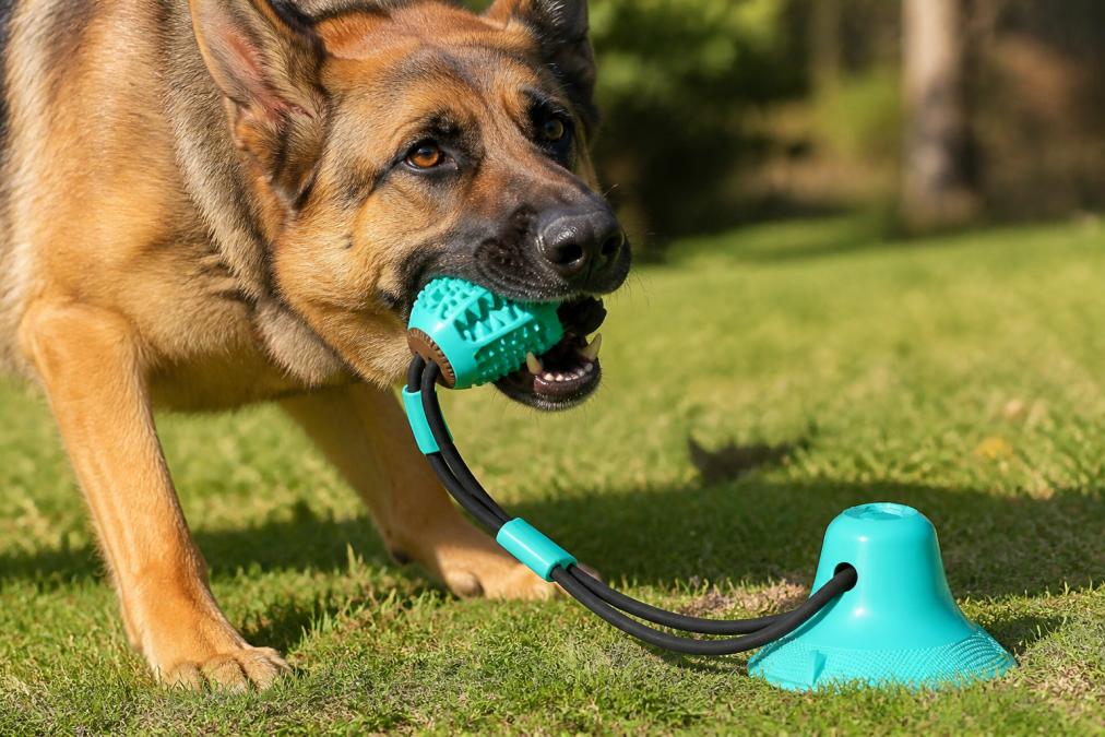 Close-up of a German Shepherd's mouth gripping a durable black rubber toy, showing the toy's reinforced construction and the dog's engaged expression during outdoor play
