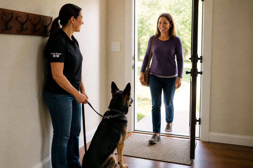 Dog sitting calmly as a guest enters through a front door, with the owner standing nearby supervising the greeting, natural home lighting