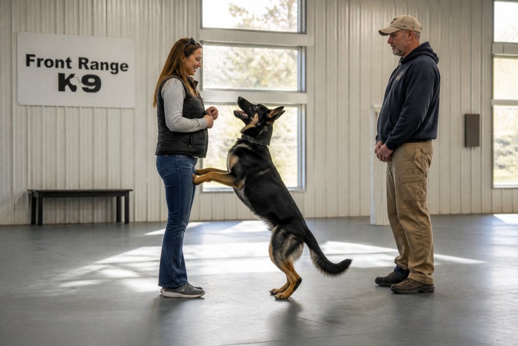 Professional dog trainer working with a dog and owner in an indoor training space, demonstrating calm interaction techniques with natural lighting