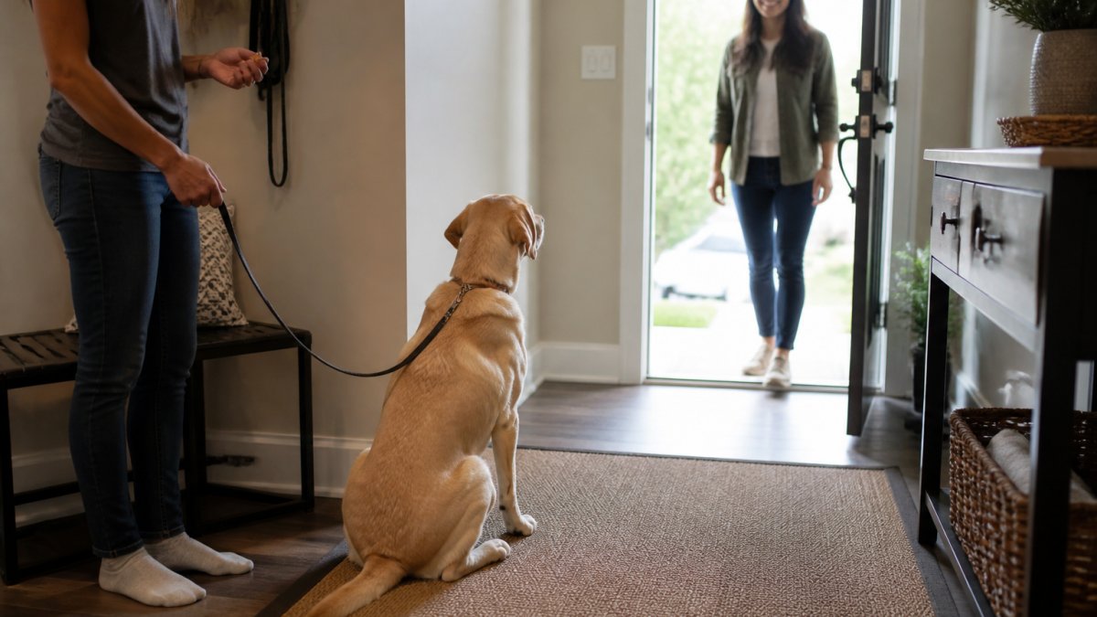 Dog on leash sitting calmly while guest approaches front door in well-lit entryway, owner standing nearby with treats ready