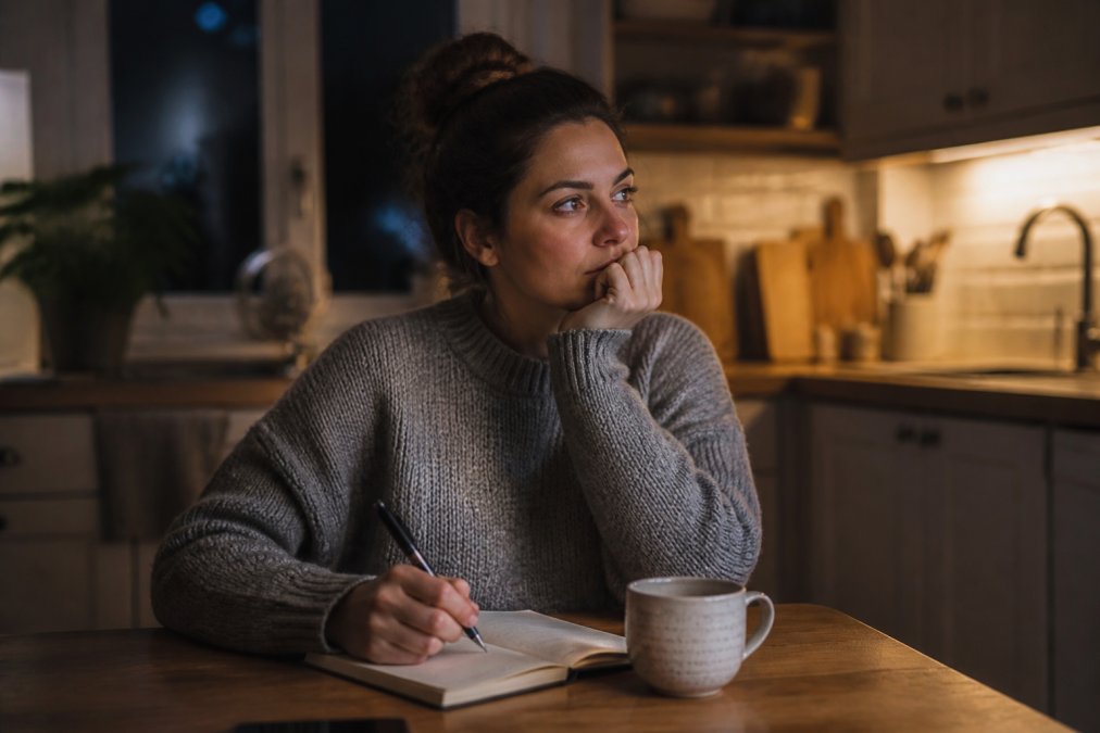 Person sitting at kitchen table at night with a journal and pen, reflecting thoughtfully with a cup of tea nearby, soft warm lighting