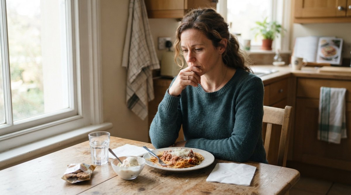 Woman sitting alone at a kitchen table with food in front of her, looking thoughtful and conflicted, natural daylight streaming through a window, capturing the internal struggle of emotional eating