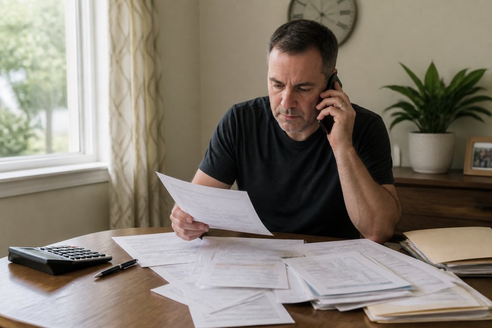 Homeowner sitting at desk with mortgage documents and financial statements spread out, phone in hand during urgent call to lender, focused expression in natural daylight from window