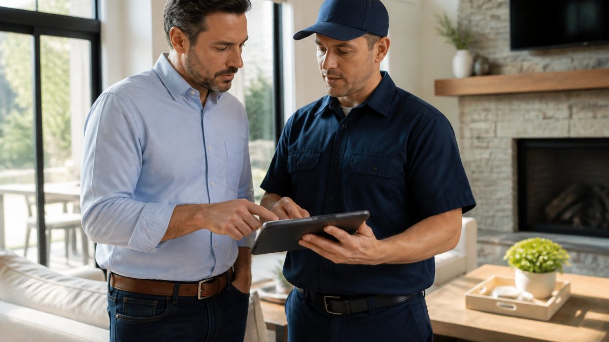 Professional homeowner in business casual attire speaking with uniformed home services technician holding digital tablet while reviewing service report together in bright, modern home interior with natural lighting