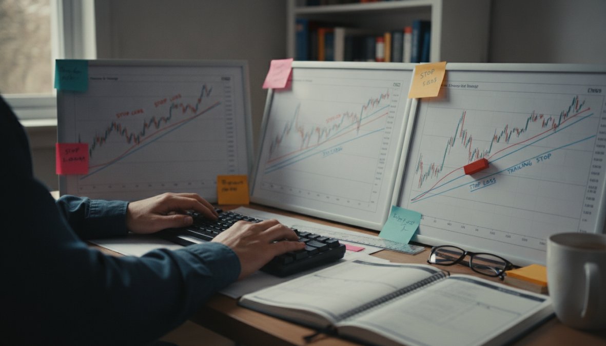 Trader monitoring multiple price charts on desktop setup showing stop loss orders and trailing stop levels, hands on keyboard in focused trading environment with multiple monitors displaying real-time data