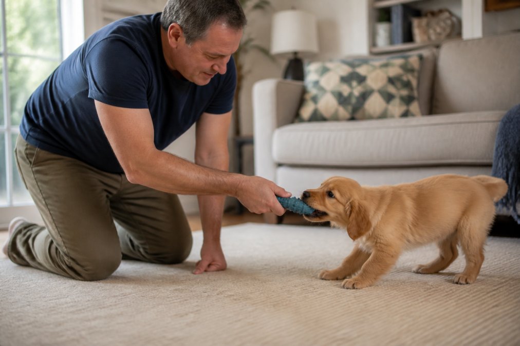 Person kneeling on a living room floor redirecting puppy biting by offering a chew toy to the small dog.
