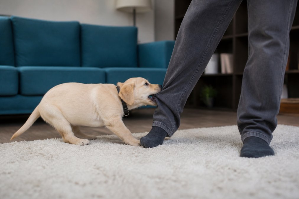 Puppy mid-play attempting to bite the pant leg of a standing person indoors, showing typical biting behaviour in home setting