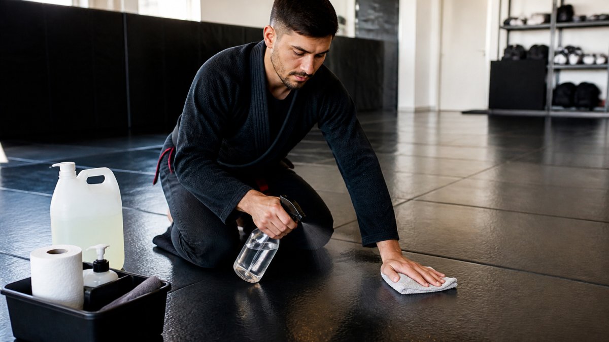 Step-by-step guide showing the proper technique for disinfecting jiu-jitsu mats with spray and cloth