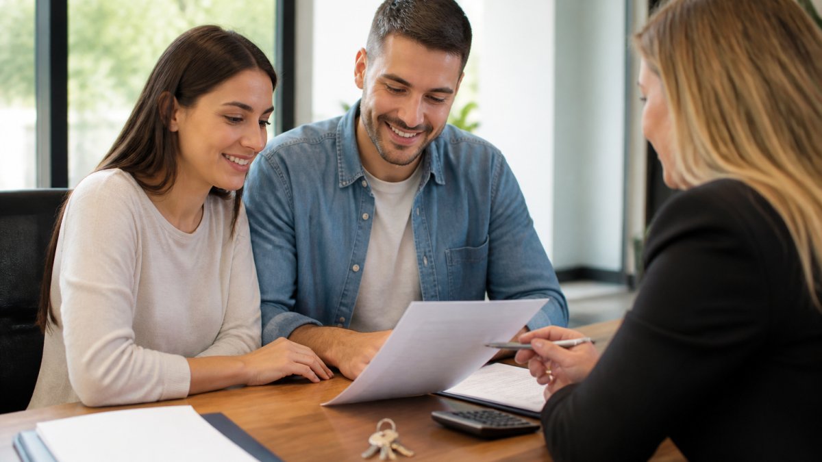 Young couple reviewing home purchase documents and keys at a closing table with realtor and paperwork visible, natural office lighting
