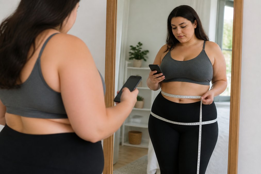 Woman measuring her waist and hips with a soft measuring tape while standing in front of a mirror, looking at a sizing chart displayed on her phone